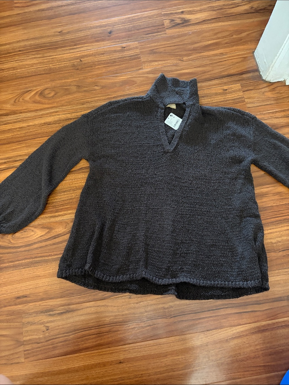 Free People Dark Charcoal Textured V-Slit Turtleneck Sweater
